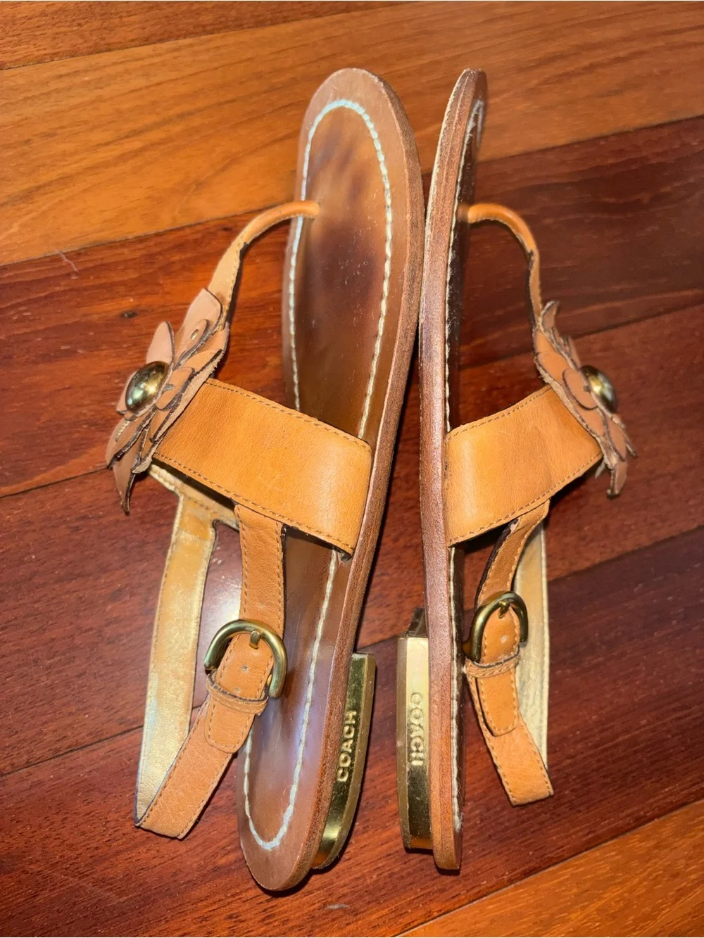Coach Tan Leather Floral Thong Sandals with Gold-Tone Studs